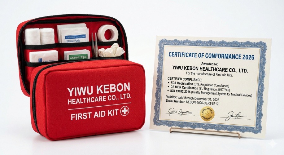 Yiwu Kebon Healthcare: Certificaciones FDA, CE e ISO 13485 renovadas en 2026 para botiquines de primeros auxilios