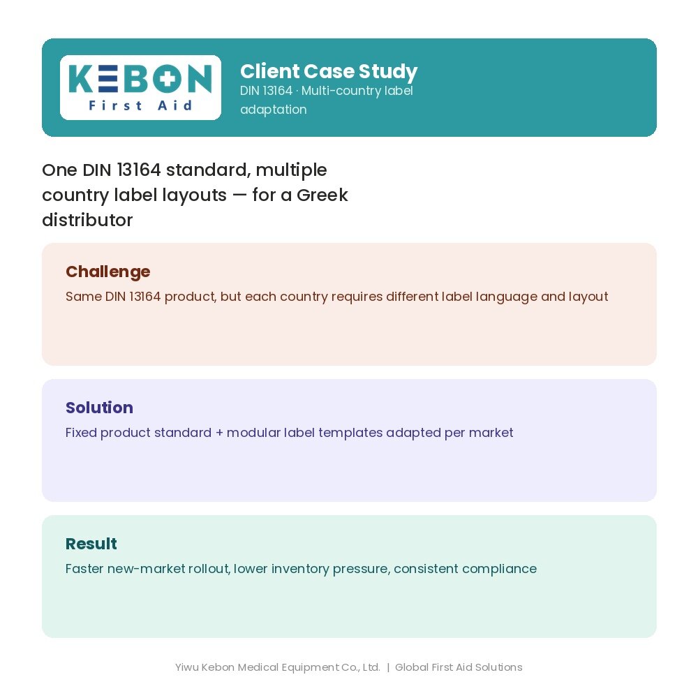 Un estándar, múltiples mercados: cómo Yiwu Kebon Healthcare resolvió el cumplimiento del diseño en varios países para los botiquines de primeros auxilios DIN 13164 de un cliente griego
